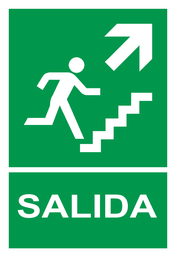 Señal de seguridad: ruta de evacuación — escalera ascendente hacia la derecha