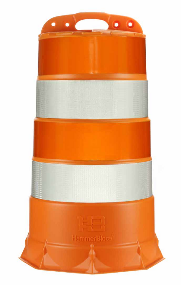 Cilindro vial Hammerblocs naranja con dos cintas reflectivas