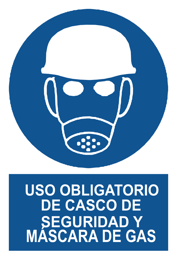 Señal de seguridad: uso obligatorio de casco de seguridad y máscara de gas