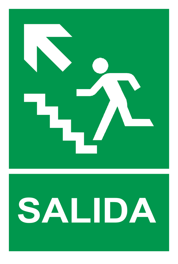 Señal de seguridad: ruta de evacuación — escalera ascendente hacia la izquierda
