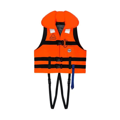 Chaleco Sharks Tripulante naranja con cuello, tres cinturones negros, silbato y correas para las piernas