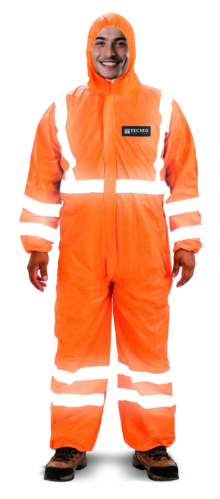 Traje Tecseg TSG15 OR naranja con capucha y cintas reflectivas, fotografía original completa de aplicación; calzado no incluido