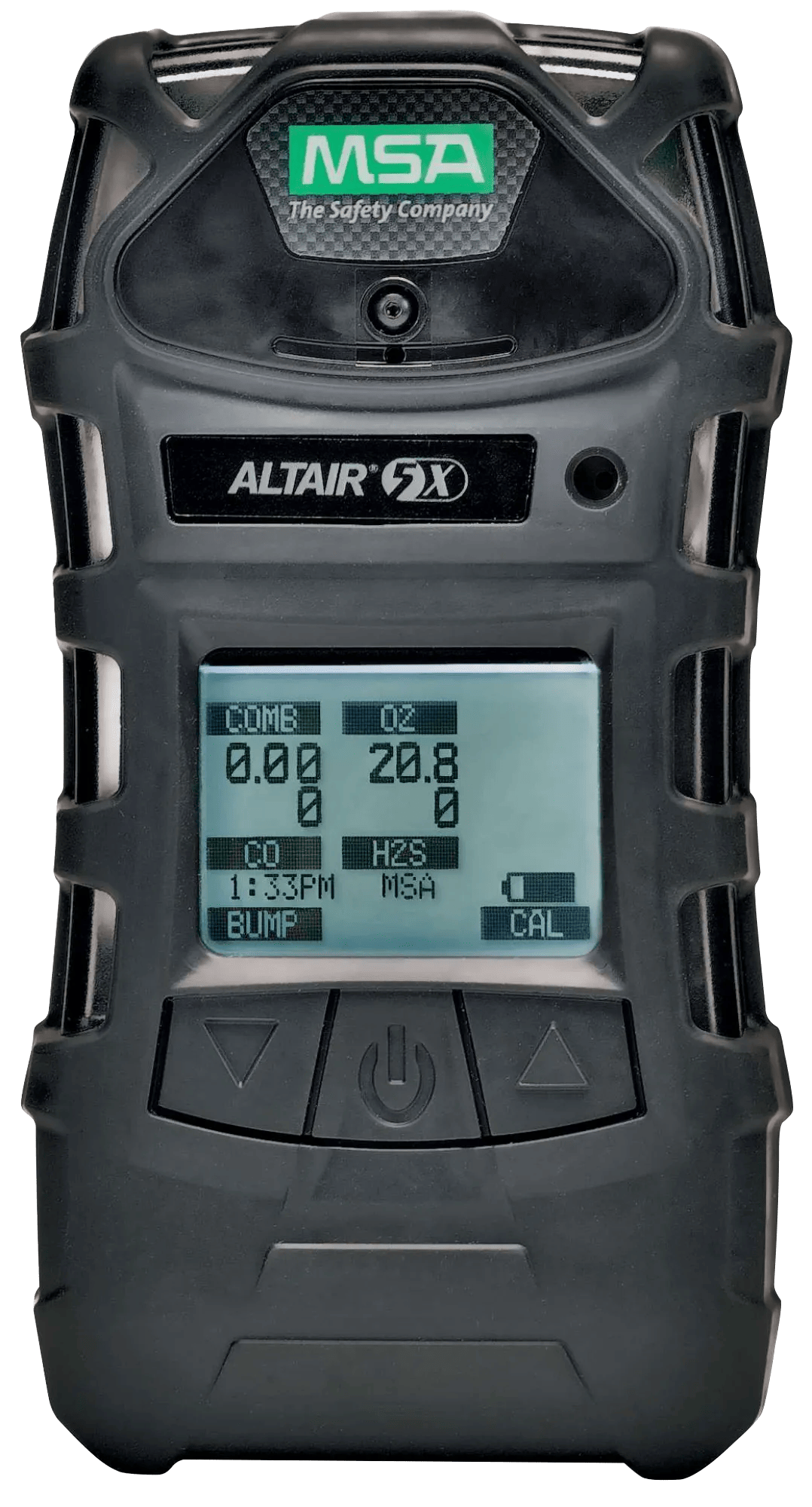 MSA ALTAIR 5X estándar con pantalla monocromática y cuatro lecturas. Foto original de familia PN10116924; configuración y accesorios del PN10181851 según descripción.