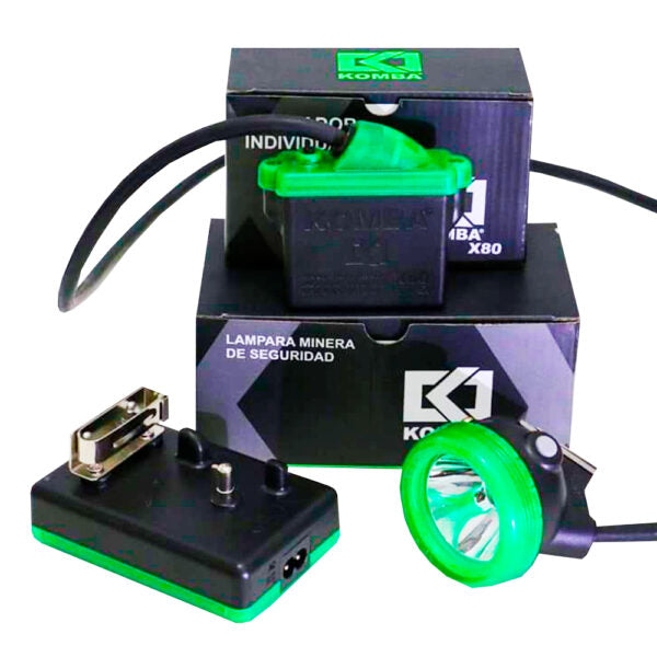 Lámpara minera Komba X80; imagen de la configuración con batería y cabezal