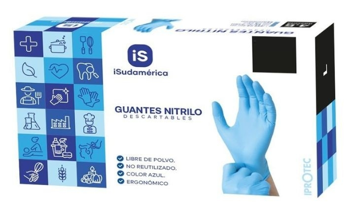 Guantes de nitrilo celeste Isudamérica en su envase original