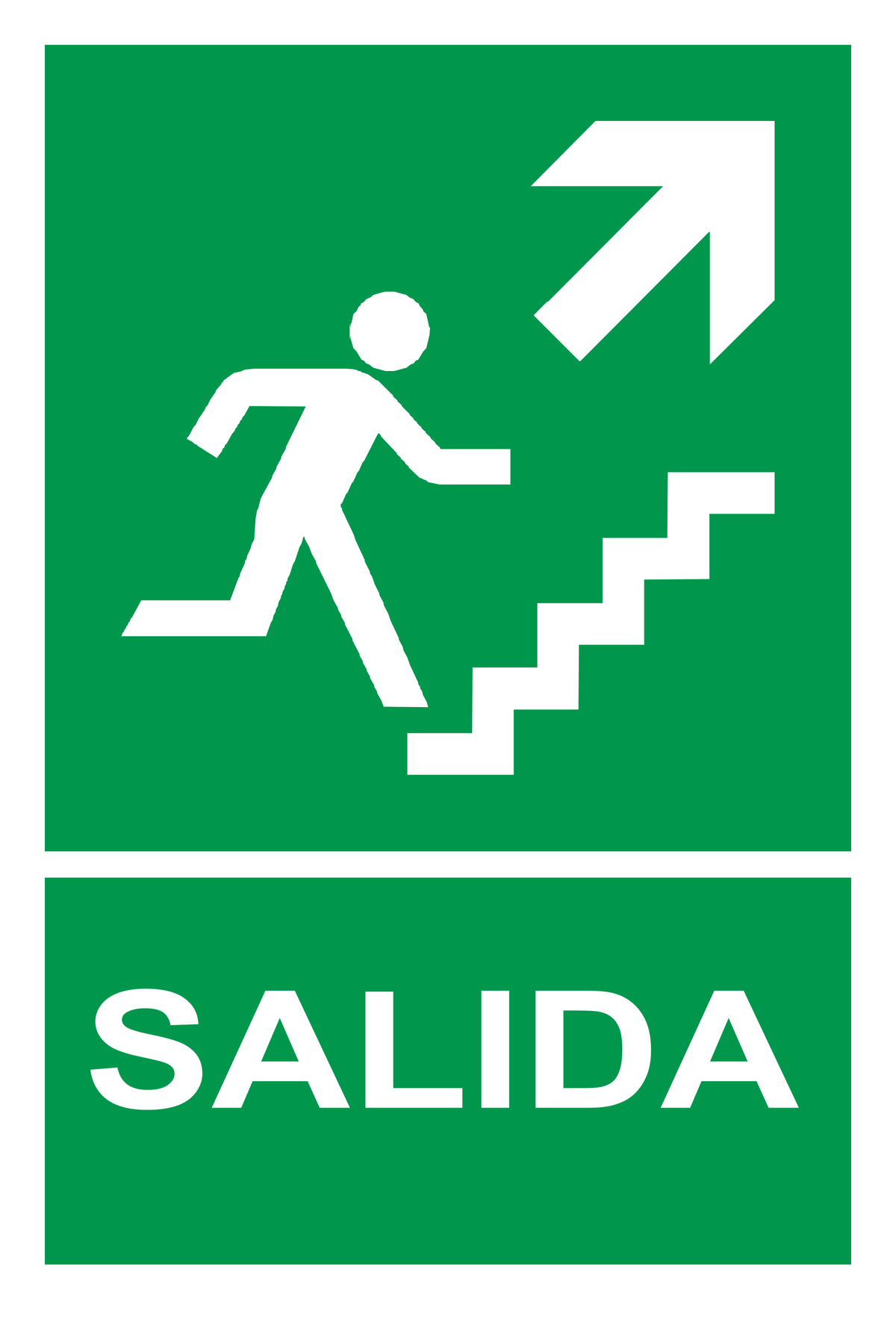 Señal de seguridad: ruta de evacuación — escalera ascendente hacia la derecha — con texto