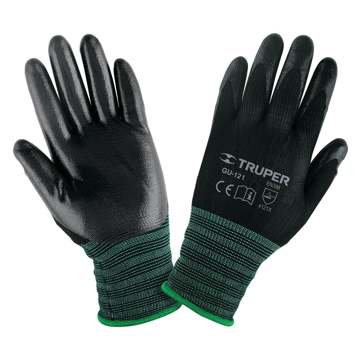Guantes Truper de nylon recubiertos de nitrilo; fotografía original del código 13293 y talla referencial descrita