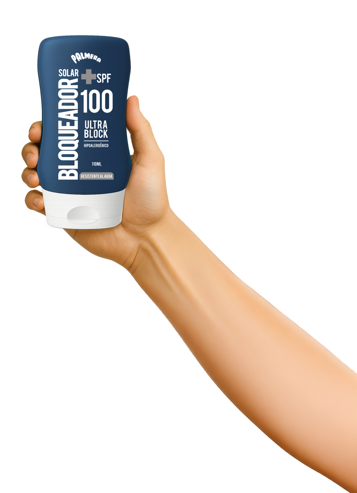 Palmera Ultra Block SPF100+ frasco de 110 ml ilustrado en una mano