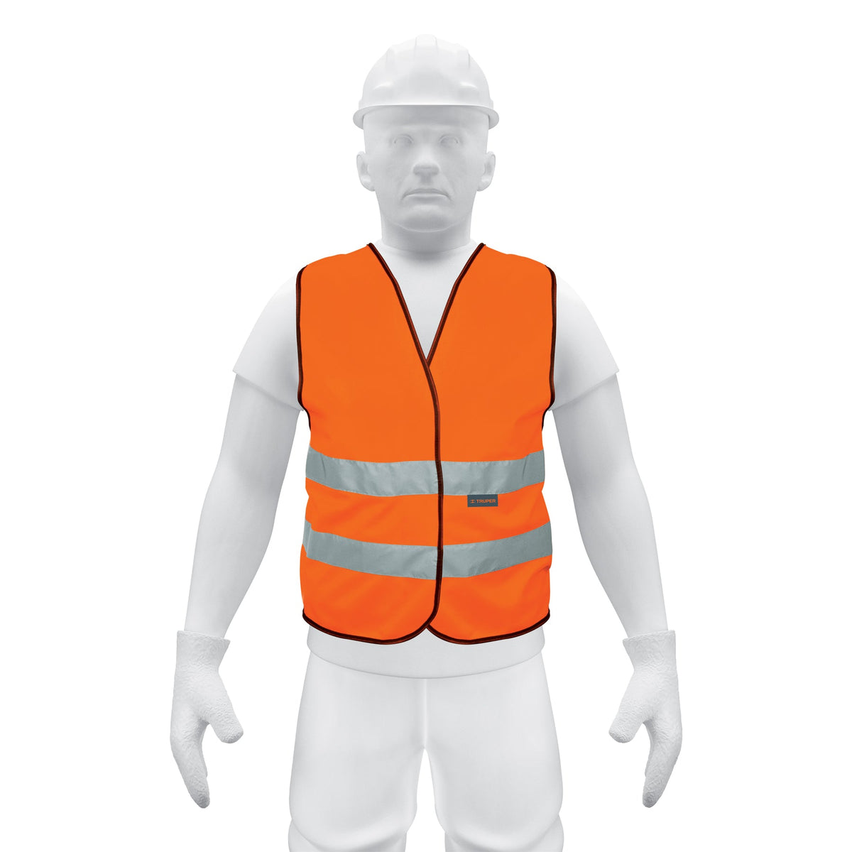 Chaleco de seguridad naranja con cintas de alta visibilidad Truper; fotografía del producto