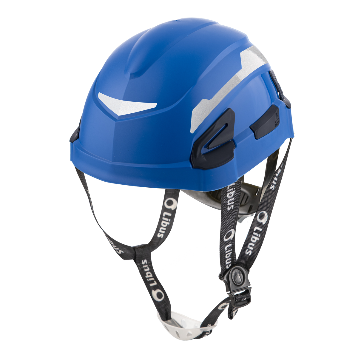 Casco LIBUS ANDES azul con mentonera; fotografía familiar referencial con reflectivos montados