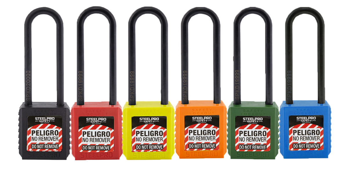 Fotografía original de la familia Steelpro X10 Long dieléctrico en seis colores; incluye variante amarillo. Imagen familiar, no fotografía individual ni acredita disponibilidad de todos los colores.