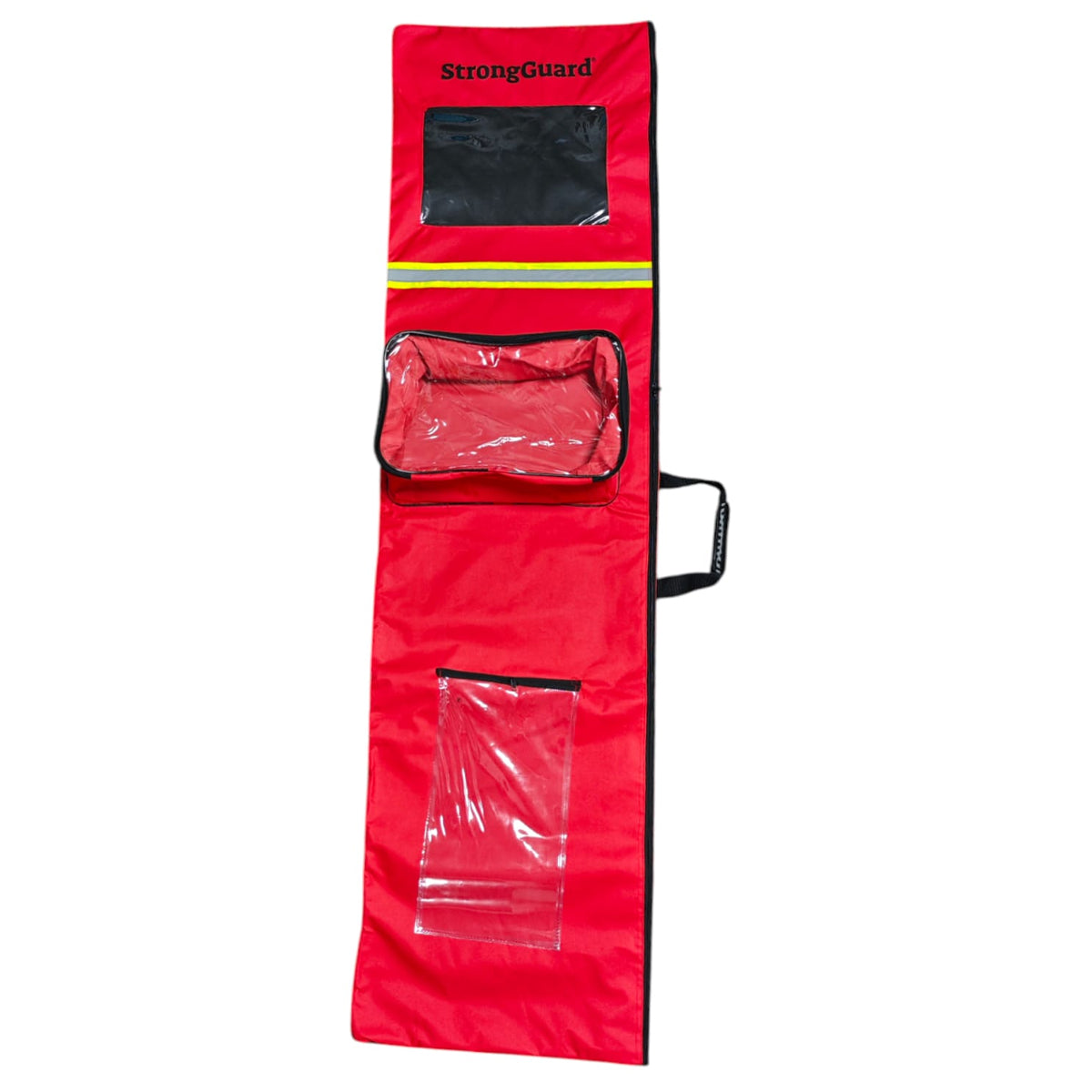 Funda StrongGuard roja para camilla rígida, con ventanas transparentes y asa lateral