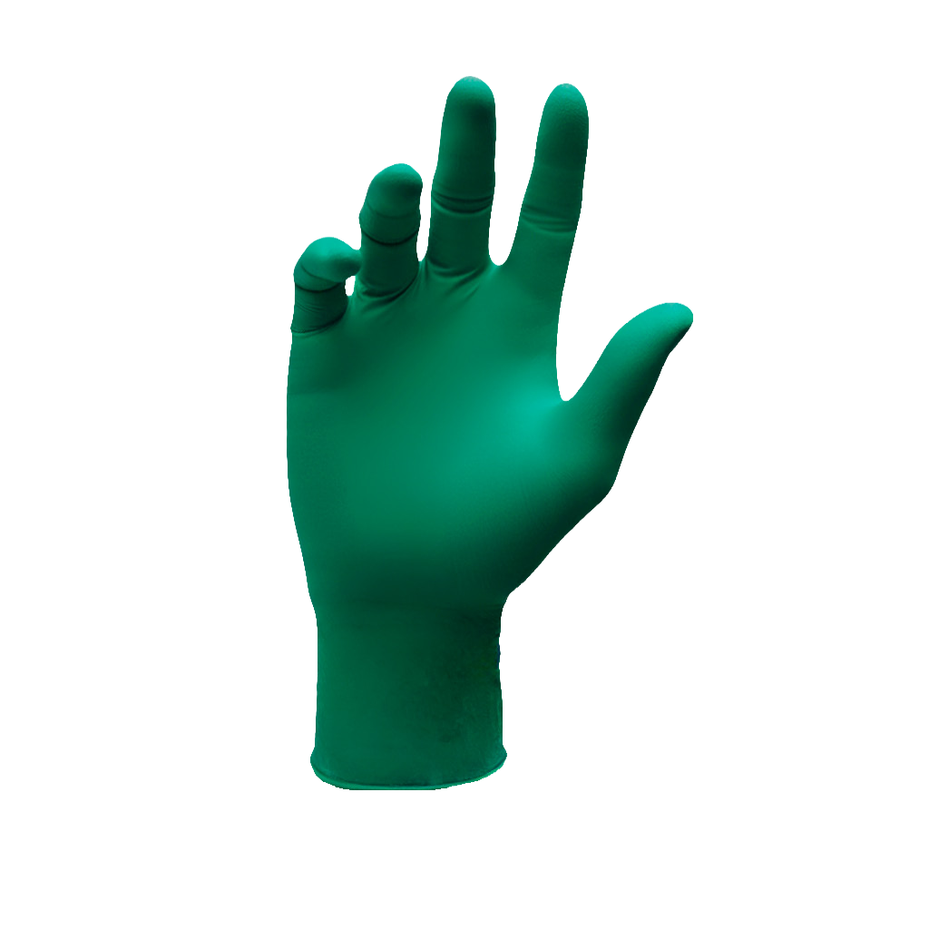 Guante verde de nitrilo Segpro, fotografía original de la ficha Nitritouch; presentación comercial caja de 100 unidades.