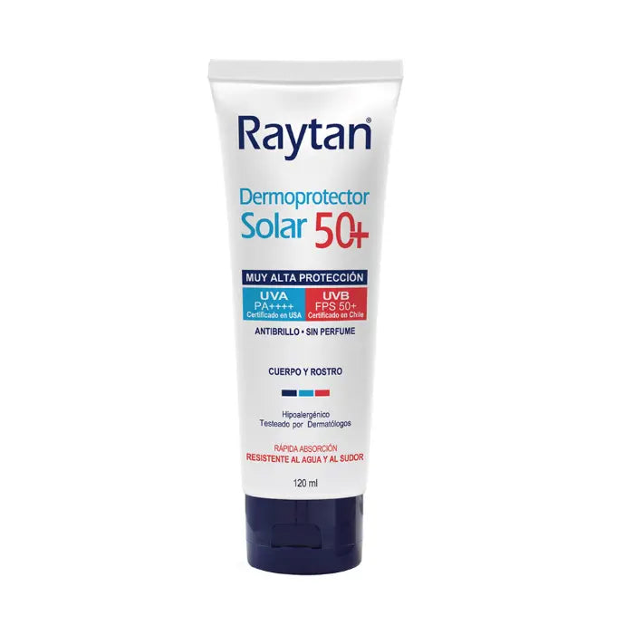 Foto referencial de la familia Raytan FPS50+ de 120 ml: pomo ilustrado; el envase suministrado puede ser distinto y se confirma al cotizar