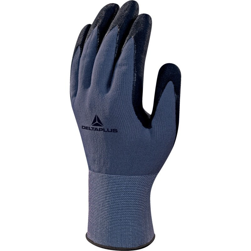 Guante Delta Plus VE727 gris-negro, vista original fabricante; talla ilustrativa de familia