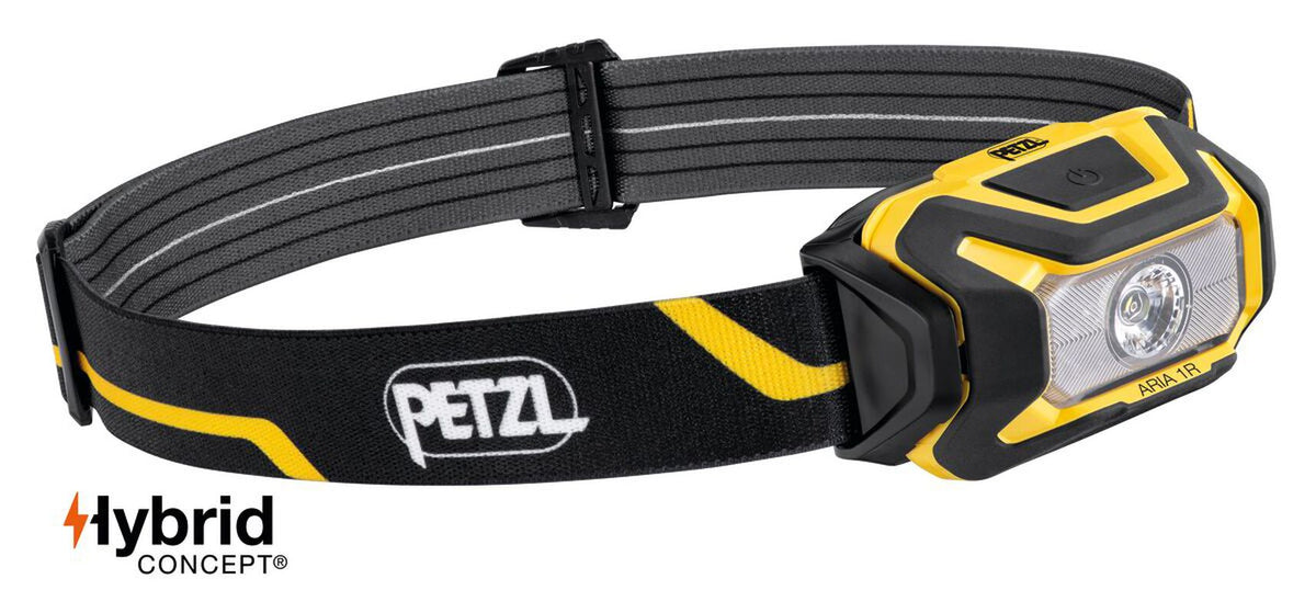 Linterna frontal Petzl ARIA 1R E069CB00, fotografía oficial de la configuración mostrada