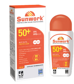 Frasco y caja Sunwork FPS 50+ de 120 mL