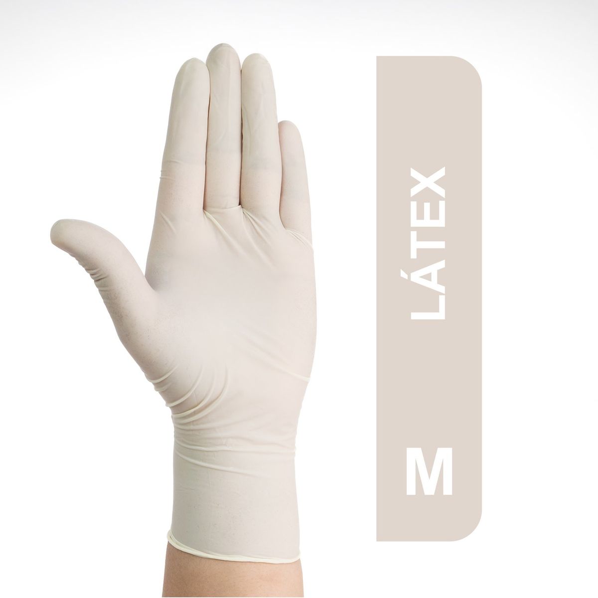 Guante de látex blanco Maketto, imagen familiar identificada como talla M