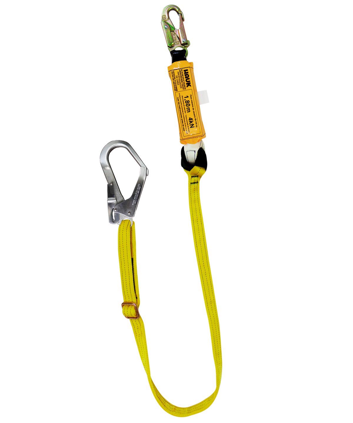 Línea de vida/conexión regulable, con amortiguador de caída factor 1, de cinta poliéster, un gancho de 3/4″ y un gancho de 2 1/4″ Hauk DN1GR; fotografía del producto