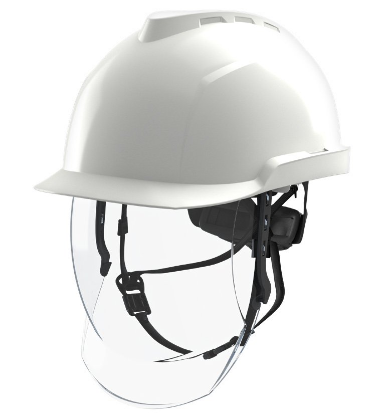 Casco base MSA V-Gard950 blanco con visor; solapas y adhesivos según configuración detallada