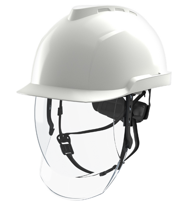 Casco MSA V-Gard950 blanco con visor y solapas para arco eléctrico