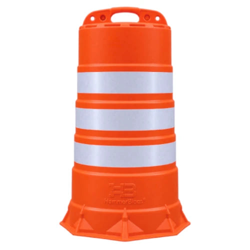 Cilindro vial HammerBlocs naranja con tres cintas reflectivas