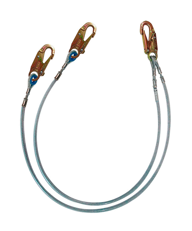 Línea de conexión doble, de 1,80 m cable de acero de 1/4″ y 3 ganchos de 3/4″ Hauk XF2P; fotografía del producto