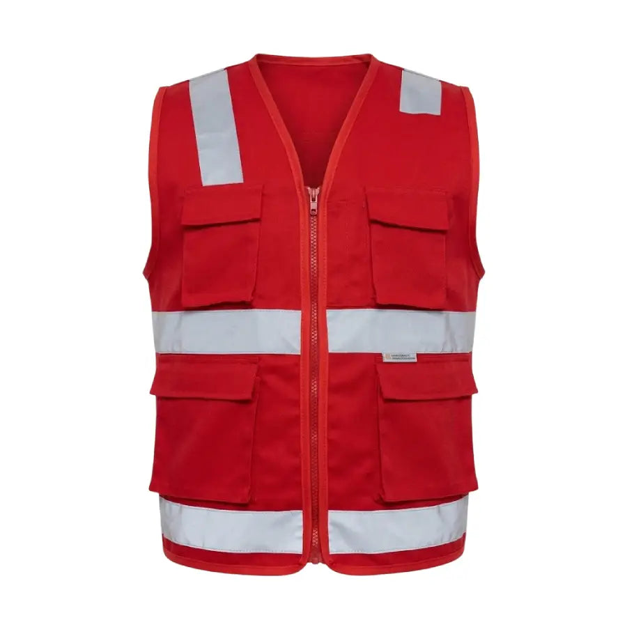Chaleco drill modelo H rojo con bandas reflectivas; imagen referencial de formato