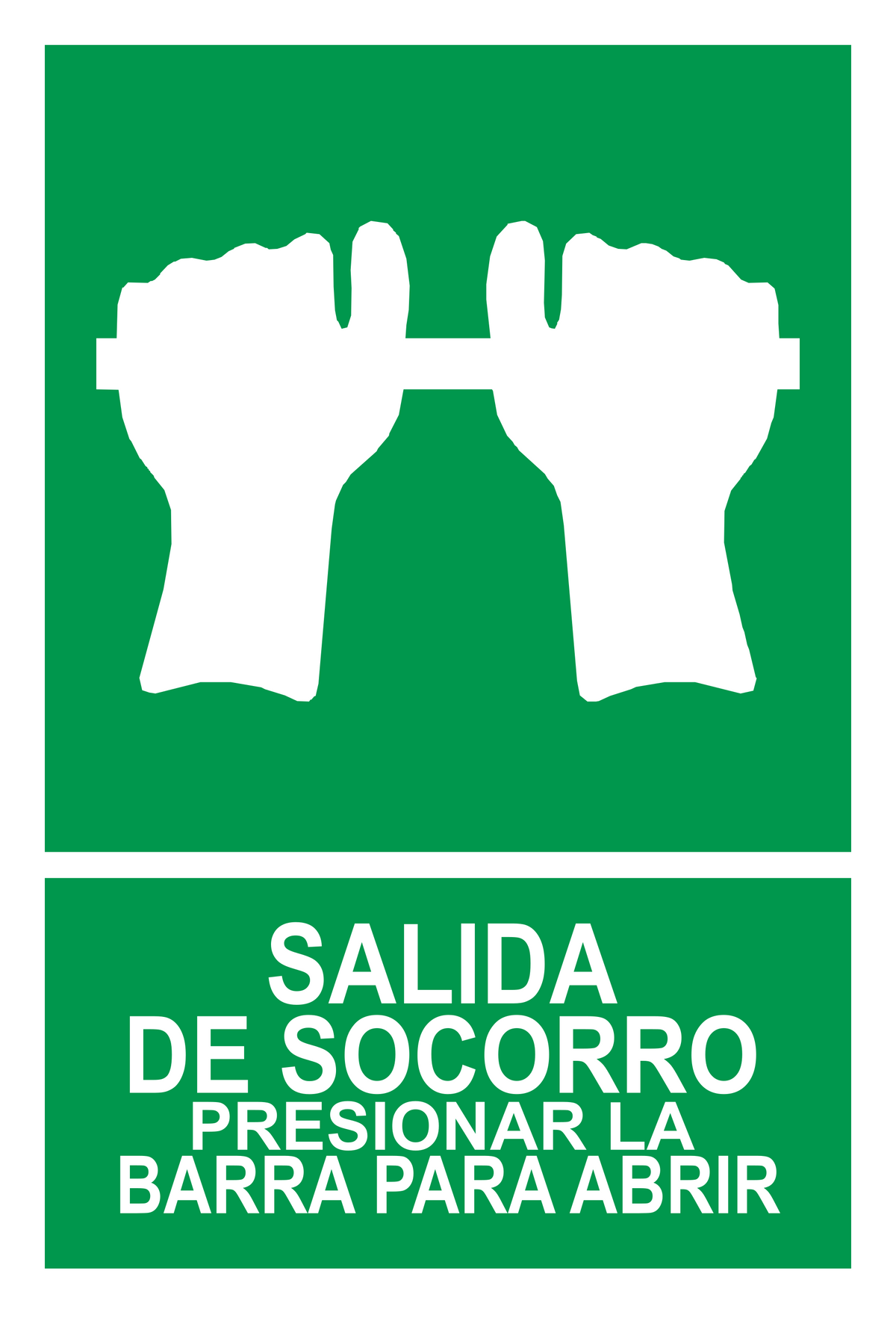 Señal de seguridad: salida de socorro barra antipánico presionar para abrir — con texto