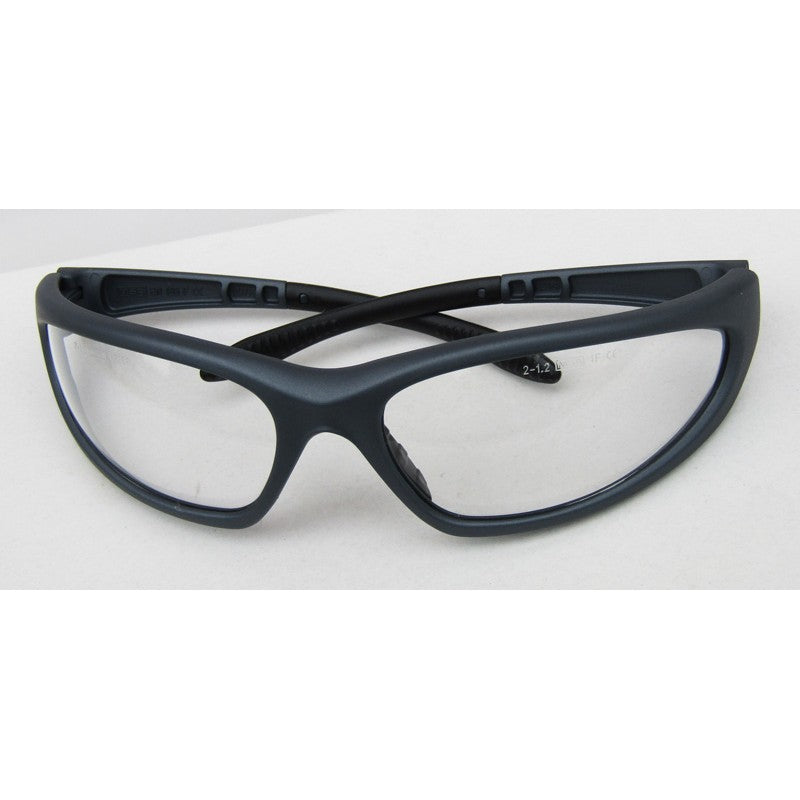 Lentes MSA Linz de luna clara con marco negro, vista frontal; versión incolora antiempañante publicada por Indalco