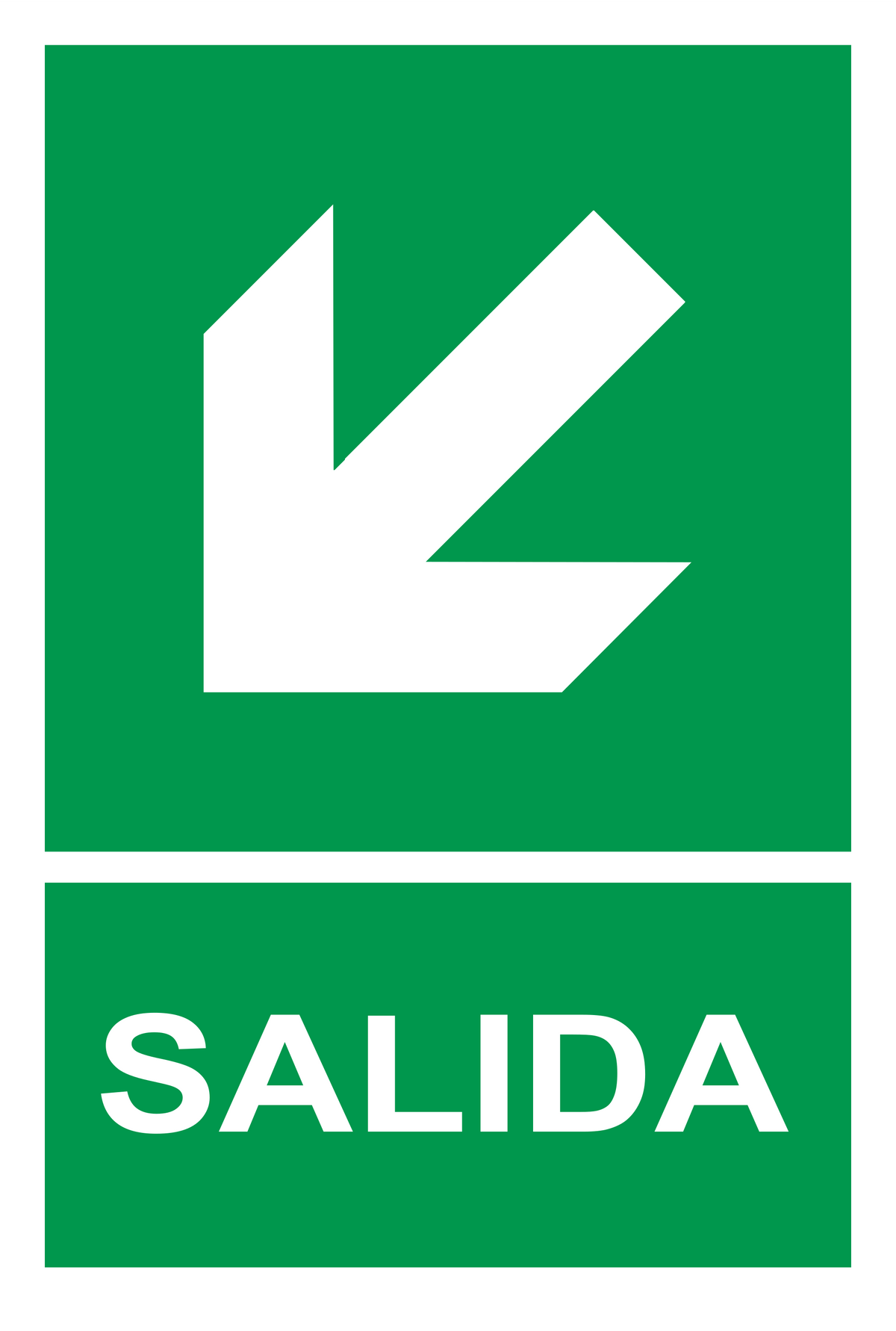 Señal de seguridad: ruta de evacuación — diagonal inferior izquierda — con texto