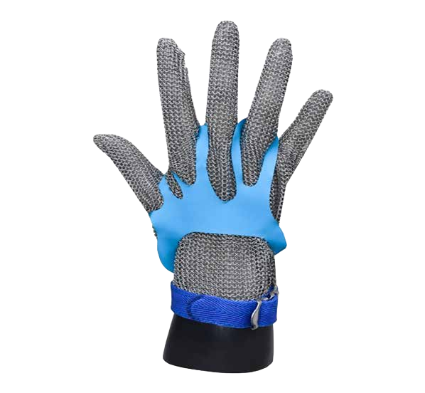 Guante Strongguard de malla metálica con correa azul de talla L y ajustador azul; foto de marca extraída íntegra del original.