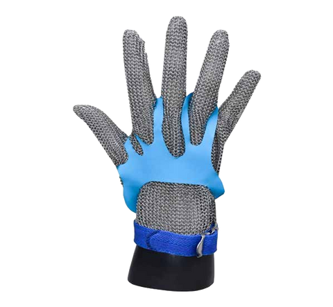 Guante Strongguard de malla metálica con correa azul de talla L y ajustador azul; foto de marca extraída íntegra del original.