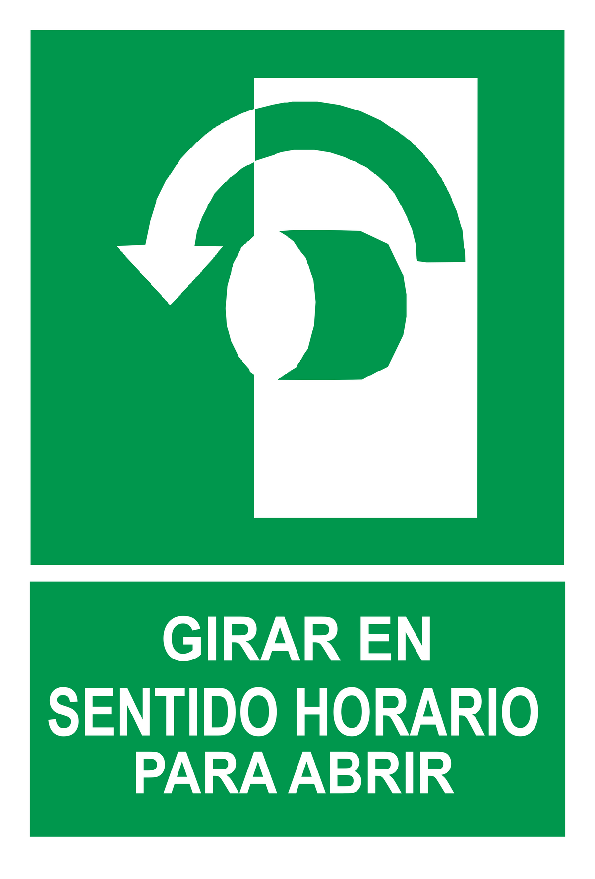 Señal de seguridad: girar en sentido horario para abrir — con texto