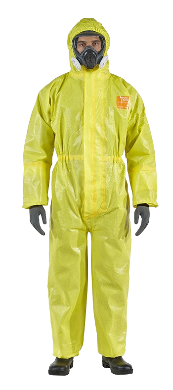 Traje Ansell AlphaTec 3000 modelo 111 amarillo; foto original de familia, otros EPP visibles no incluidos; talla ilustrada no identificada