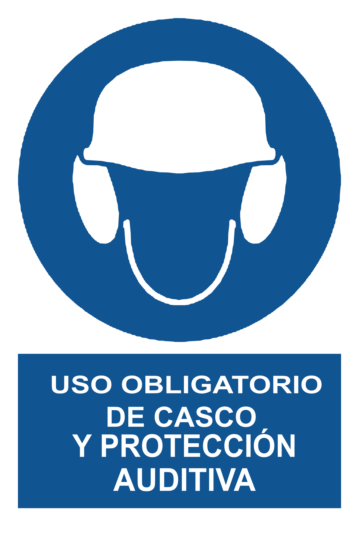 Señal de seguridad: uso obligatorio de casco y protección auditiva — con texto