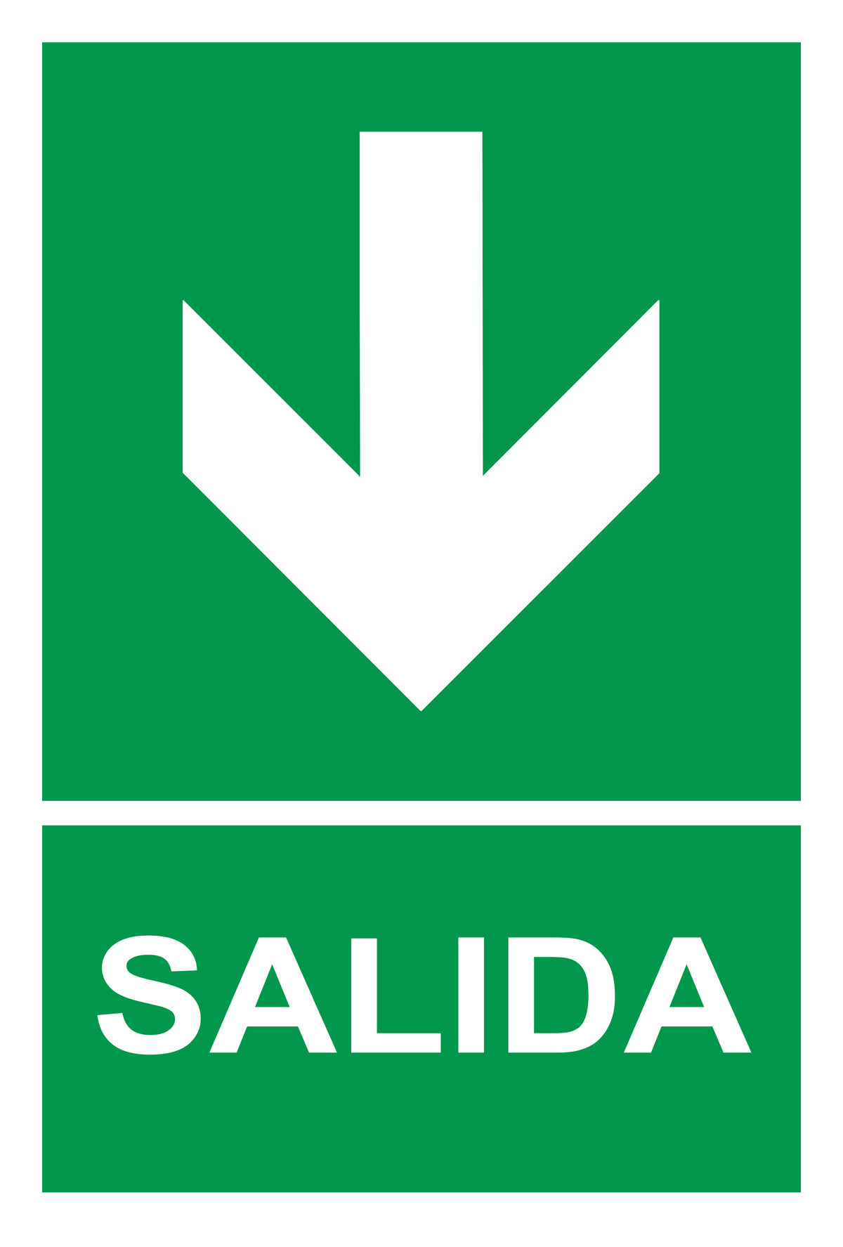 Señal de seguridad: ruta de evacuación — hacia abajo — con texto