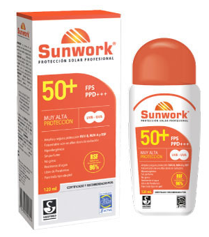 Sunwork FPS 50+, imagen referencial del envase de 120 mL; producto ofrecido de 240 mL
