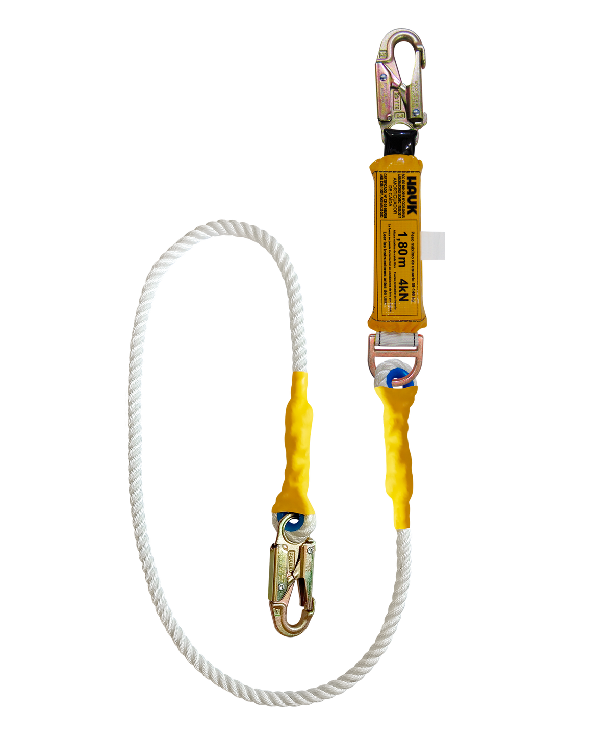 Línea de vida/conexión con amortiguador de caída factor 1, cabo torcido de nylon/poliéster de 5/8″ y dos ganchos de 3/4″ Hauk DC1P; fotografía del producto