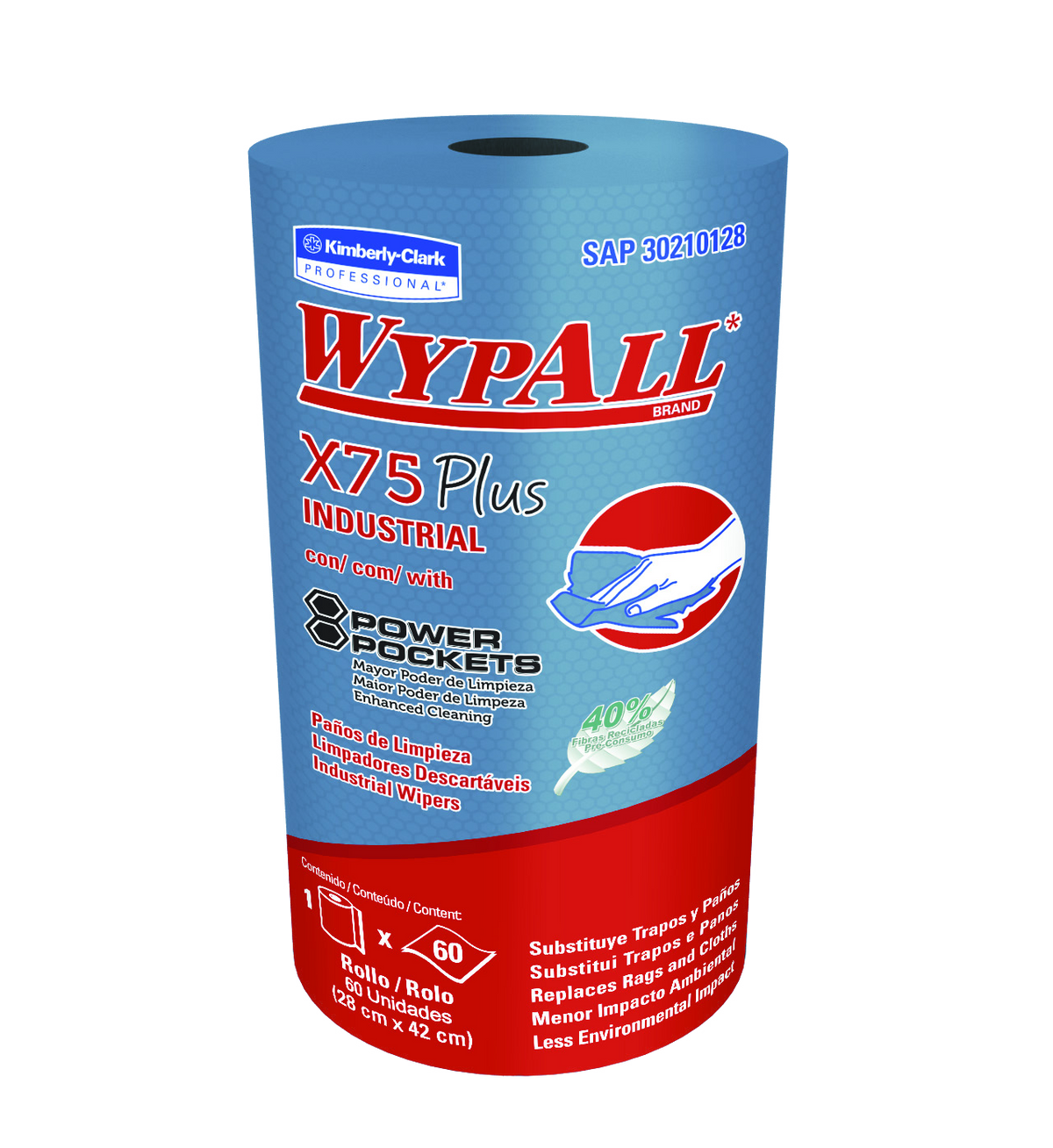 Rollo WypAll X75 Plus de 60 paños para limpieza industrial, empaque de marca