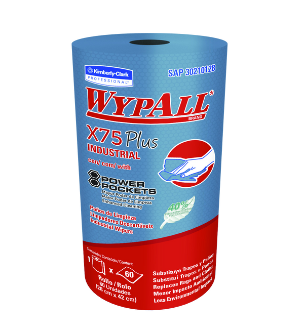 Paños de limpieza industrial WypAll X75 Plus, rollo de 60 paños