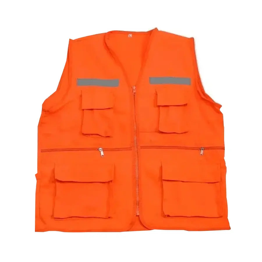 Chaleco drill reportero naranja, ejemplo de confección; imagen referencial de formato