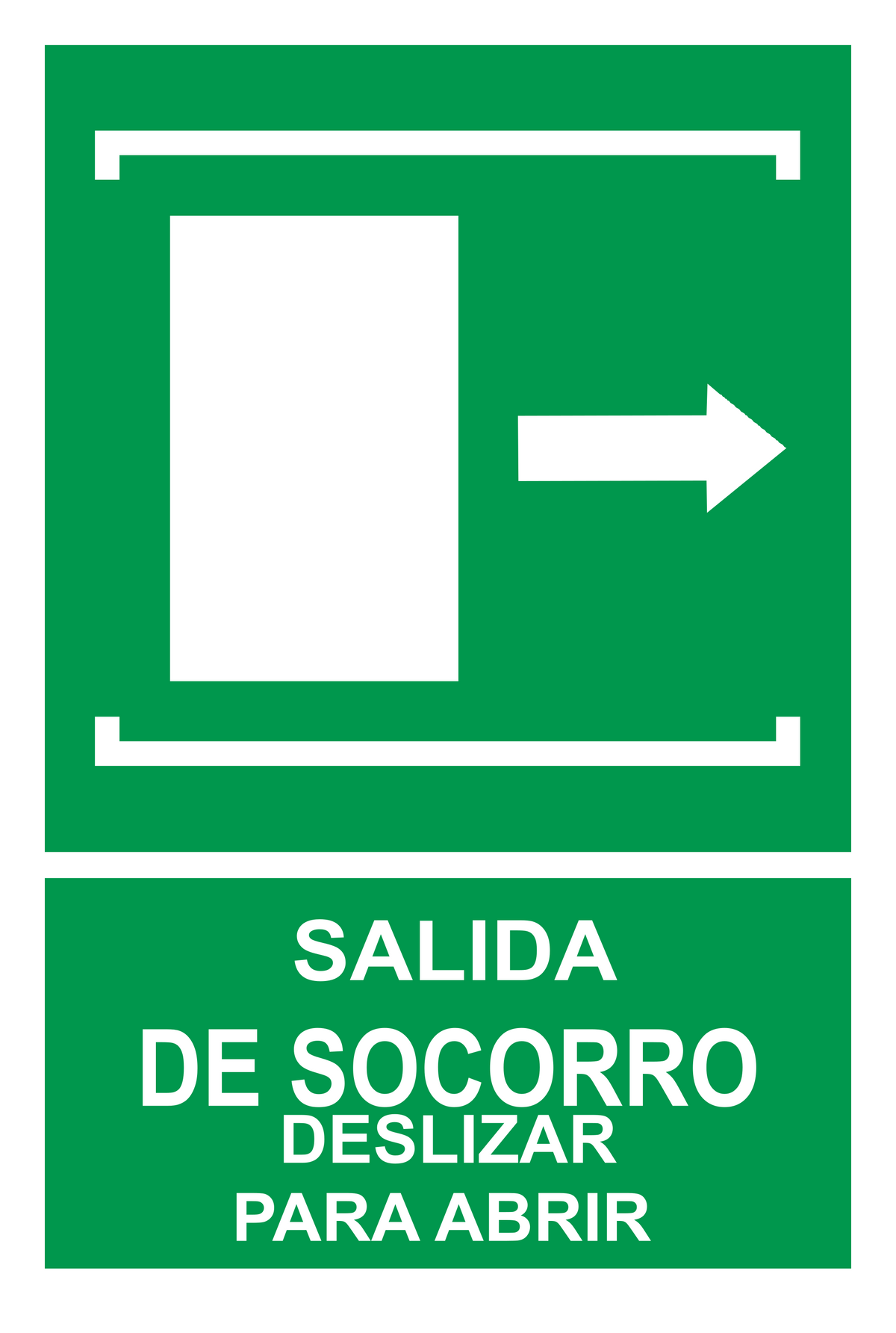 Señal de seguridad: salida de socorro deslizar a la derecha para abrir — hacia la derecha — con texto