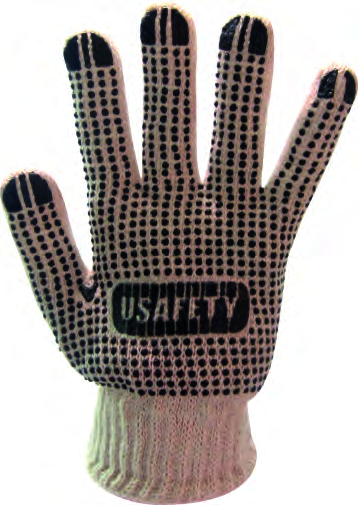 Guante USAFETY de hilo con puntos negros de PVC en palma y dorso; fotografía original de la ficha Clute