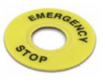 Señal circular amarilla BOZZYS BD-D753 con texto negro EMERGENCY STOP y orificio central