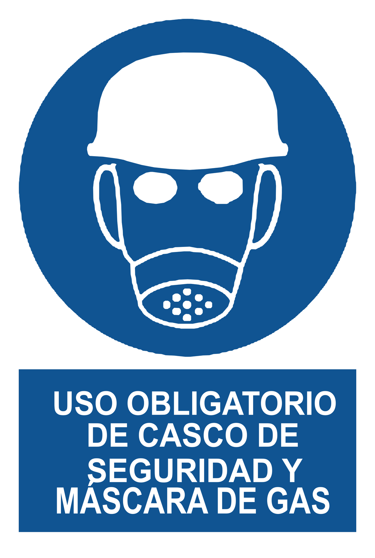 Señal de seguridad: uso obligatorio de casco de seguridad y máscara de gas — con texto