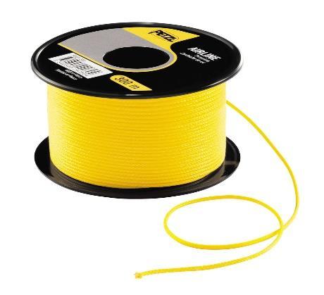 Imagen familiar Petzl AIRLINE: bobina amarilla rotulada 300 m; referencia visual de la familia disponible en 60 y 300 m