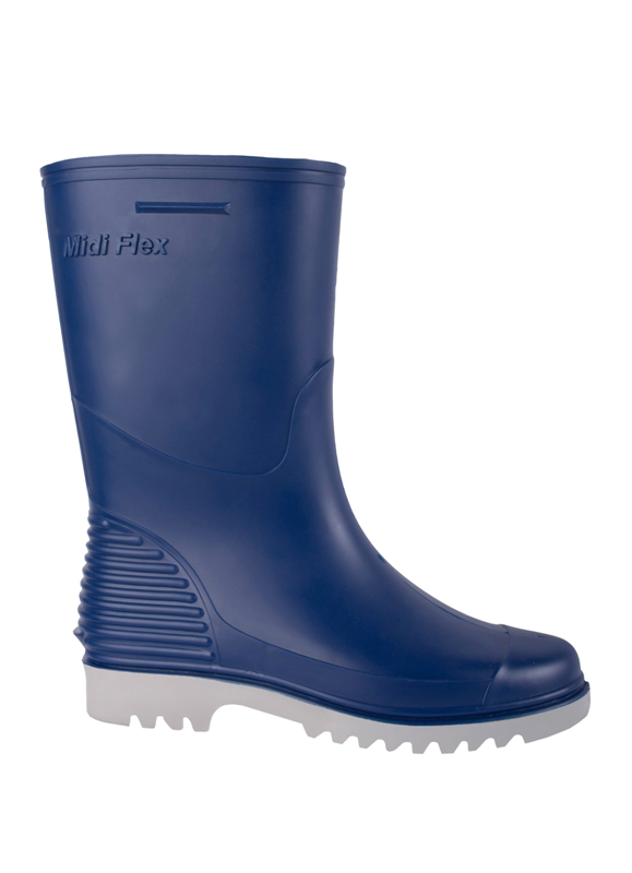 Bota de PVC Poli Shoes Midi Flex azul y plomo; fotografía original completa del modelo