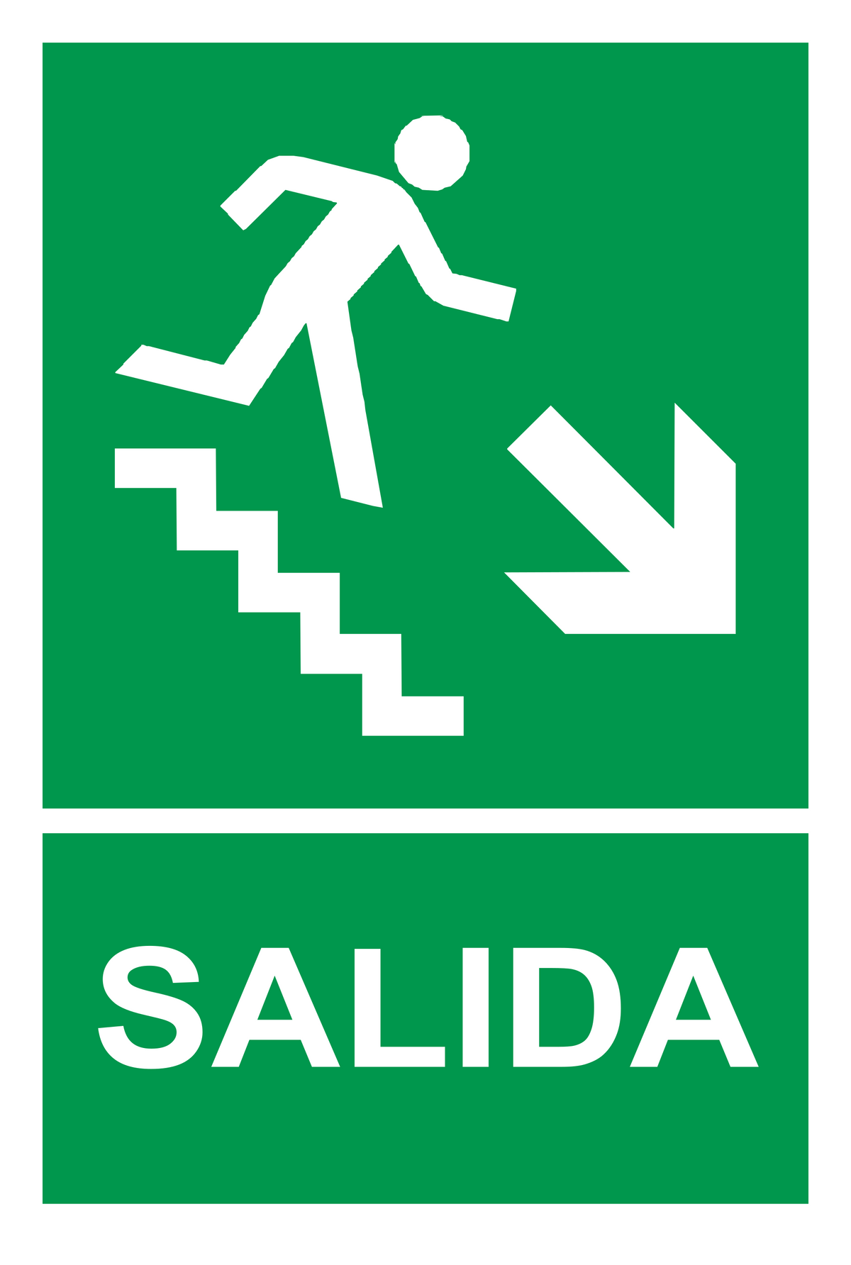 Señal de seguridad: ruta de evacuación — escalera descendente hacia la derecha — con texto