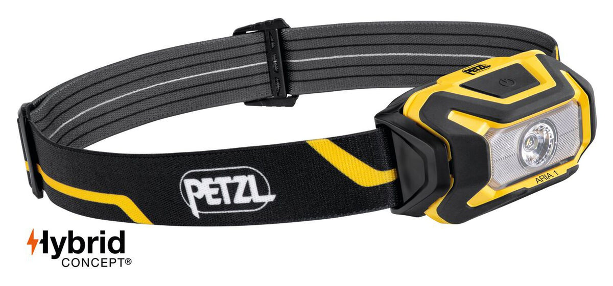 Linterna frontal Petzl ARIA 1 E069AB00, fotografía oficial de la configuración mostrada